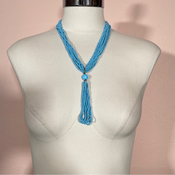 Vintage 40’s Blue Beaded Festival Southwestern Beach Retro Tassel Necklace - Picture 10 of 11